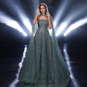Sparkly Crystal Turquoise Luxury Evening Dress with Hooded Cape Rose Gold Party Gowns