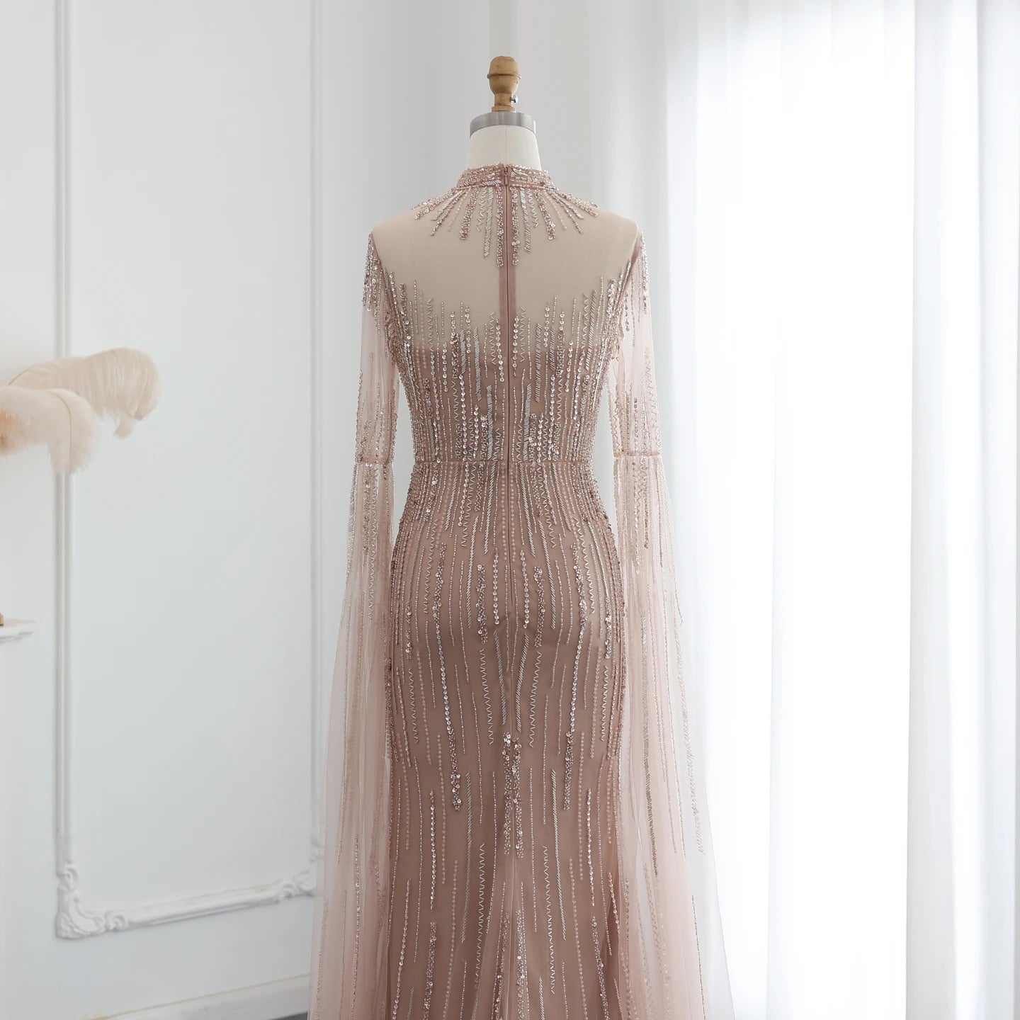 Luxury Beaded Mermaid Green Evening Dress with Cape Sleeve High Neck Side Slit Nude Women Wedding Party Gowns - Image 13