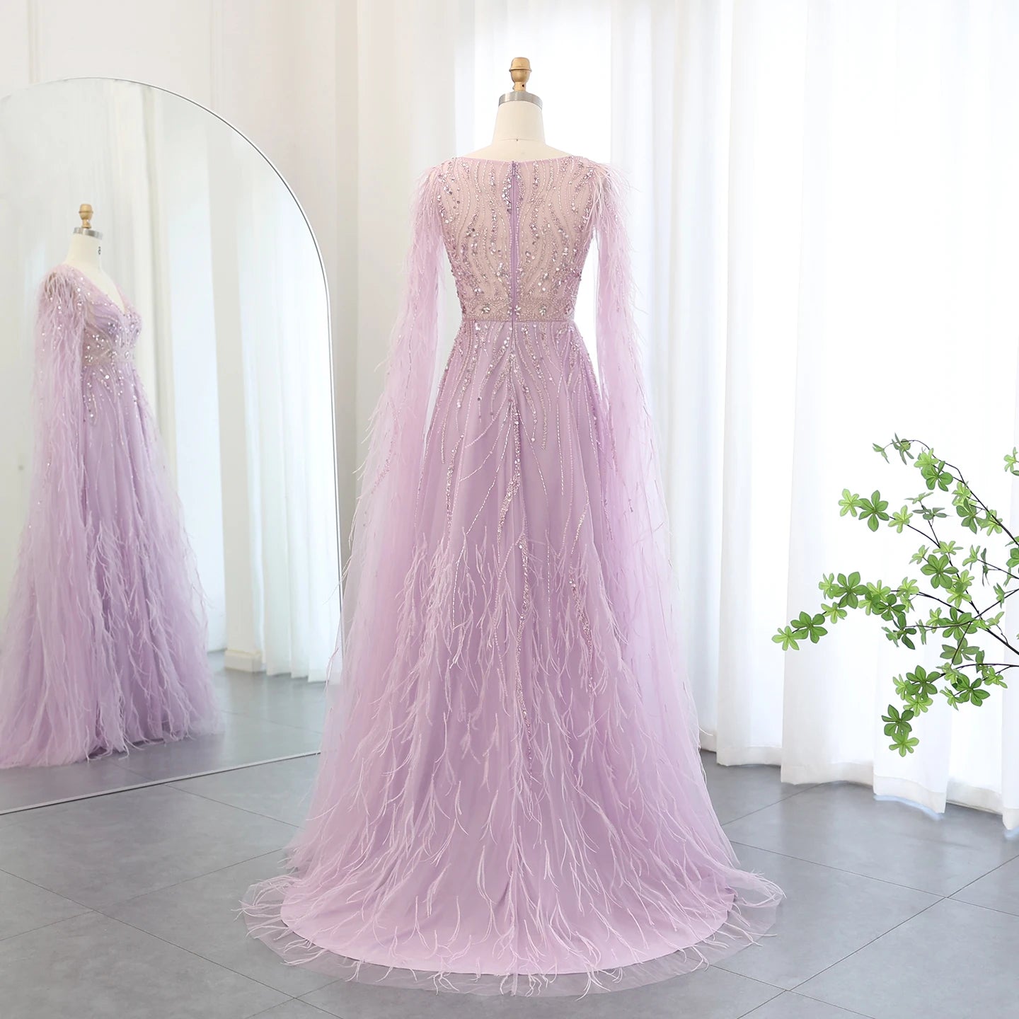 Luxury Feathers Nude A-line Evening Dresses with Cape Sleeves V-Neck Lilac Arabic Women Wedding Party Dress - Image 14