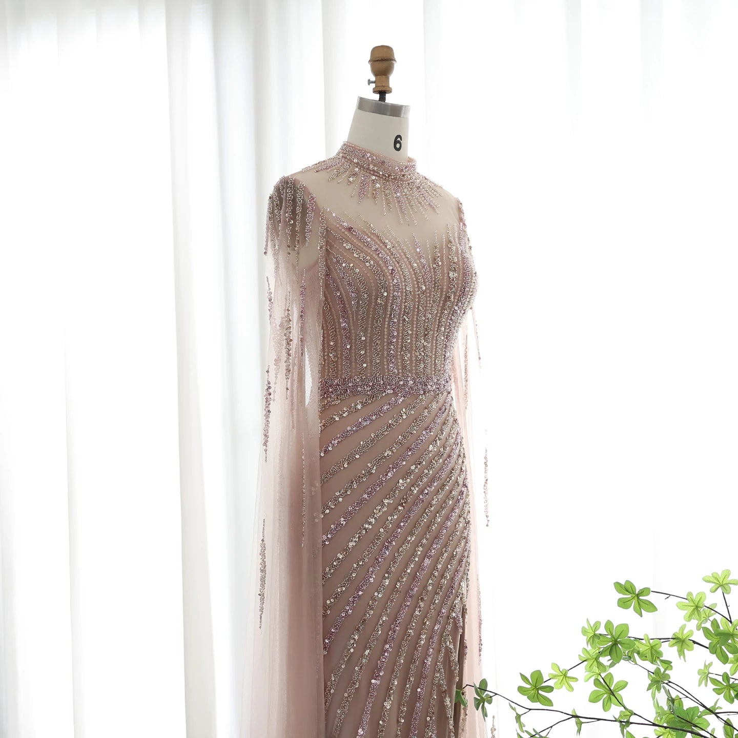 Luxury Beaded Mermaid Nude Evening Dress with Cape Sleeve One Shoulder Side Slit Women Wedding Party Gown - Image 6