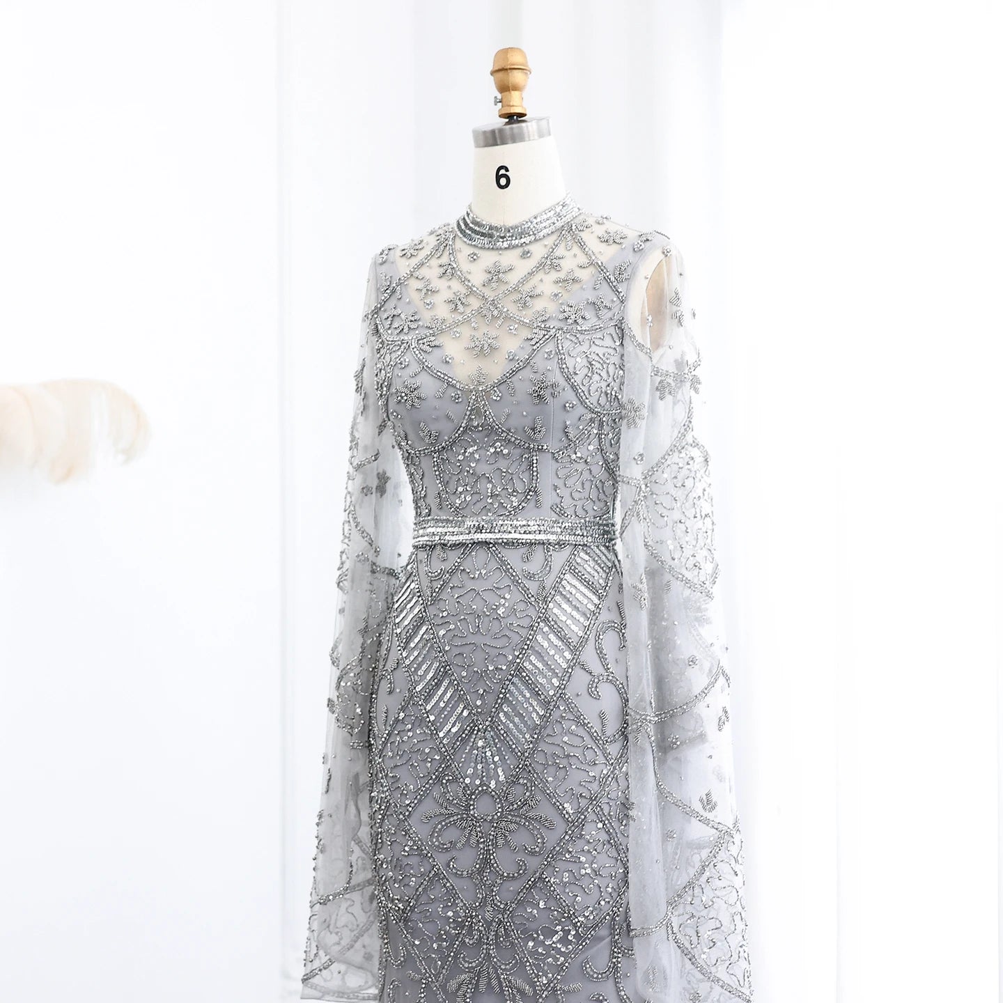 Black Beaded Luxury Evening Dress with Flare Long Sleeves High Neck Formal Party Gowns - Image 8