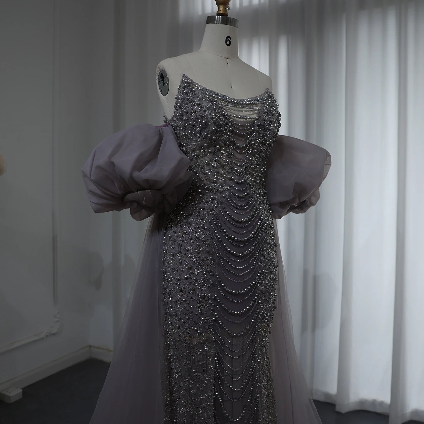 Luxury Pearls Purple Mermaid Evening Dress with Cape Sleeves Tassel Wedding Party Gowns - Image 7