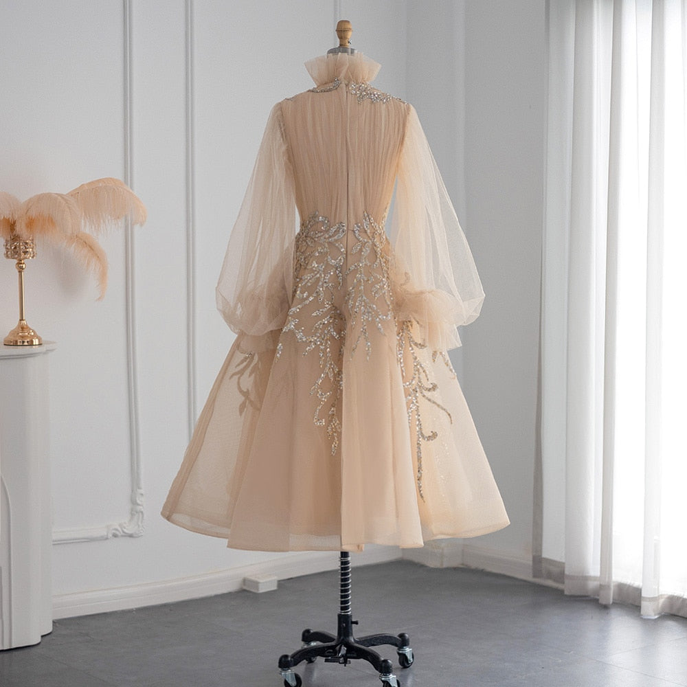 Champagne Long Sleeve Evening Dresses Luxury Midi Short Formal Gowns for Wedding Party - Image 14