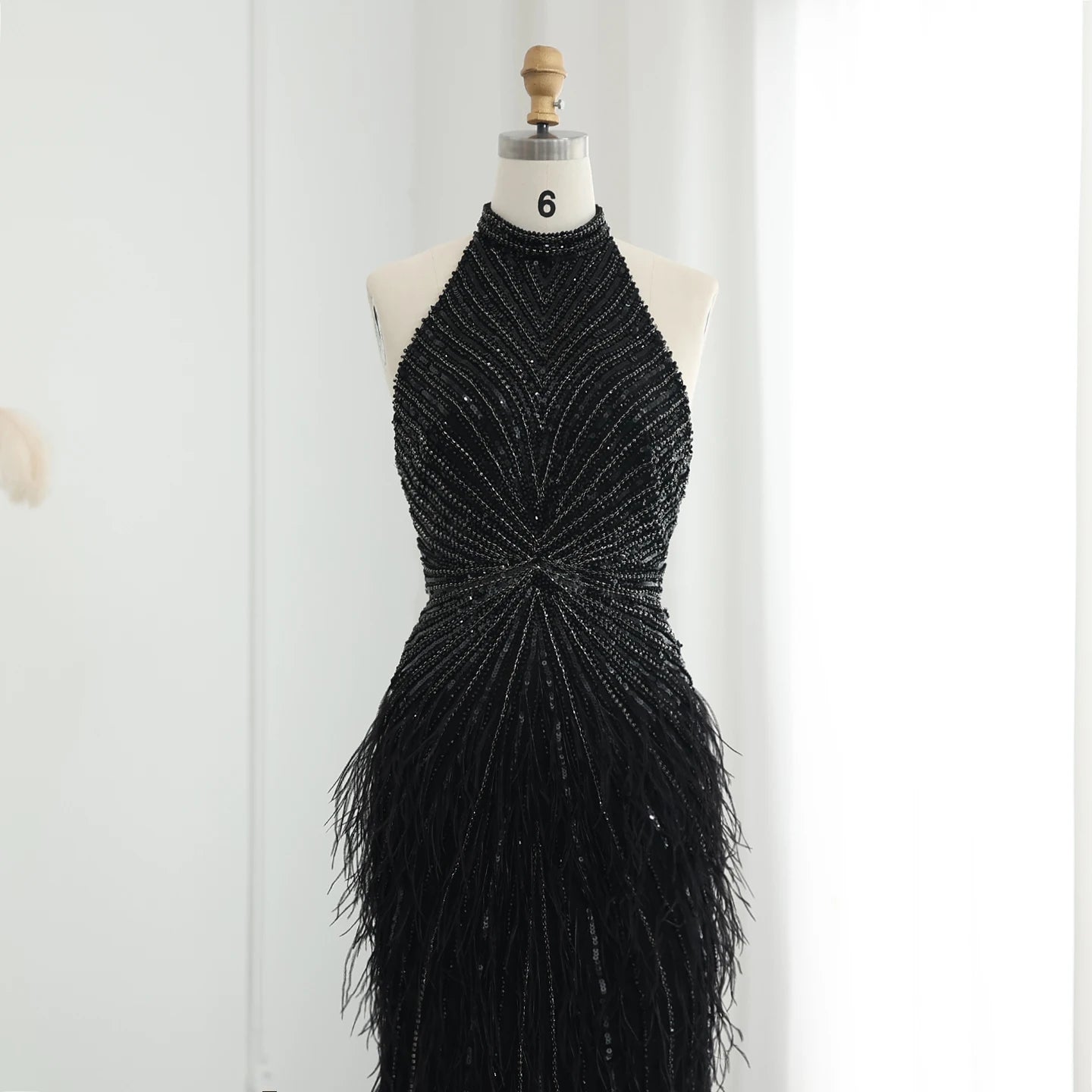 Luxury Beaded Feathers Mermaid Silver Gray Evening Dress Halter Backless Blue Beige Formal Party Gown - Image 8