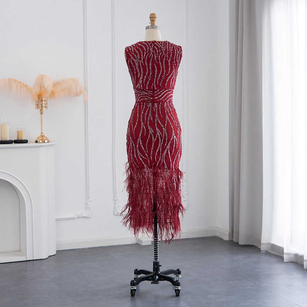 Elegant Lace Midi Evening Dress with Feathers Beading Formal Dresses for Wedding Party - Image 18