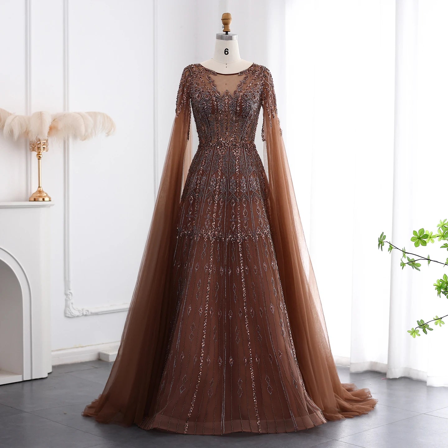 Blue Luxury Evening Dress with Cape Sleeves Brown Pink Wedding Formal Party Gowns - Image 2