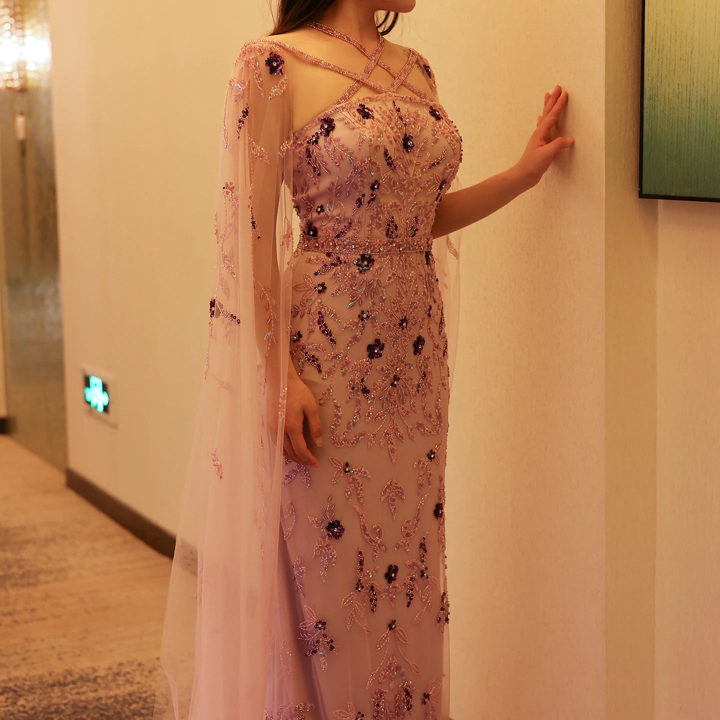Luxury Lilac Evening Dresses with Cape Sleeves Criss Cross Elegant Arab Women Wedding Party Gowns - Image 4