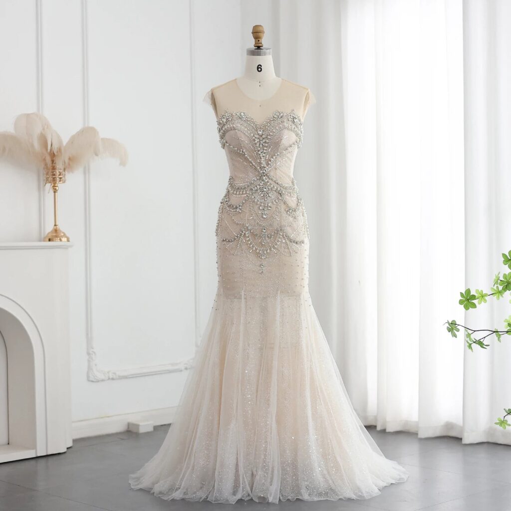 Crystal Pearls Sheer Straps White Nude Mermaid Wedding Dresses for Women Engagement Party Gowns