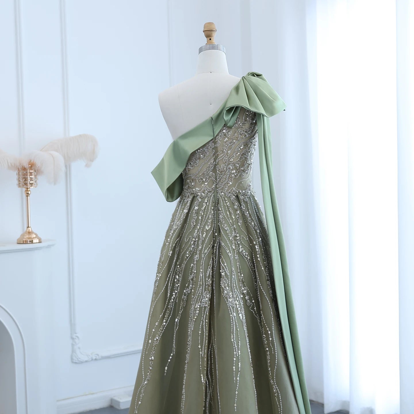 Luxury One Shoulder Olive Green Evening Dress with Cape Sleeves Side Slit Wedding Party Gowns - Image 8