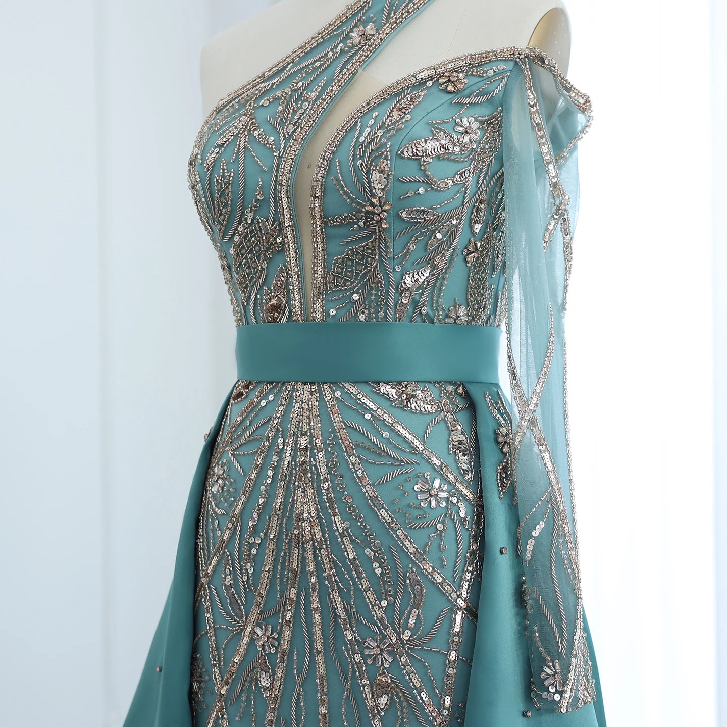 Luxury Beads One Shoulder Turquoise Evening Dress with Overskirt Women Wedding Party Gown - Image 4