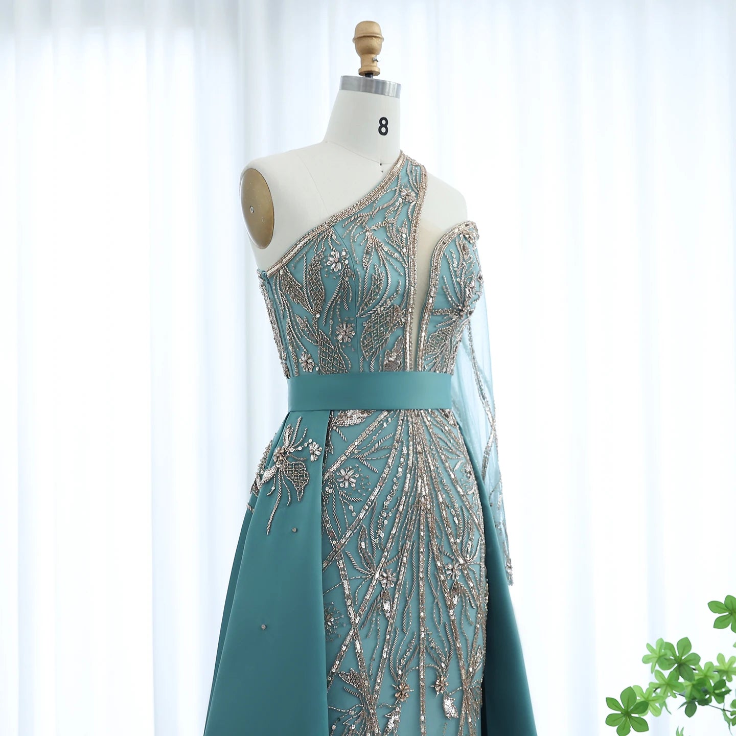 Luxury Beads One Shoulder Turquoise Evening Dress with Overskirt Women Wedding Party Gown - Image 13