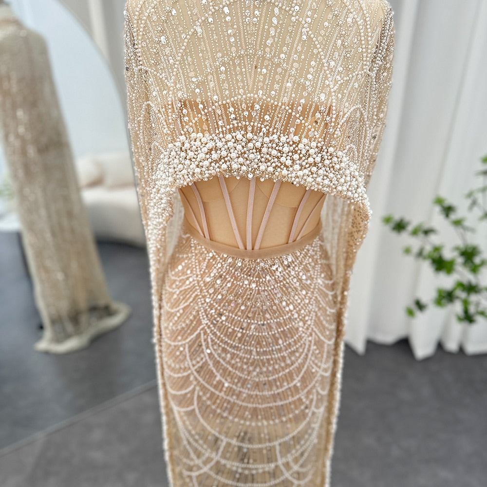 Luxury Pearls Champagne Evening Dresses with Cape Women Mermaid Wedding Party Prom Dress - Image 10