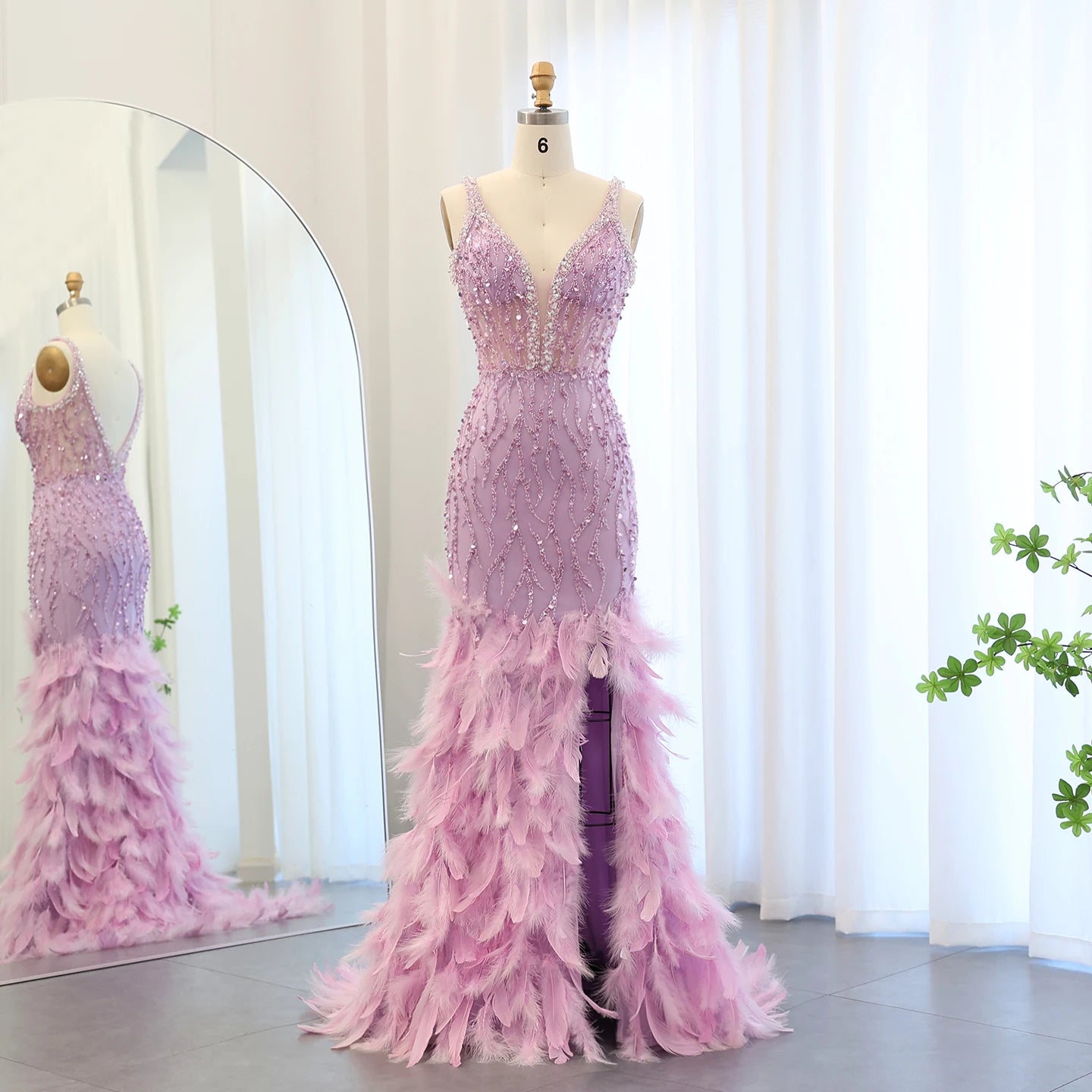 Luxury Feathers Mermaid Evening Dresses for Women Wedding V-Neck Blue Side Slit Long Prom Party Dress - Image 10