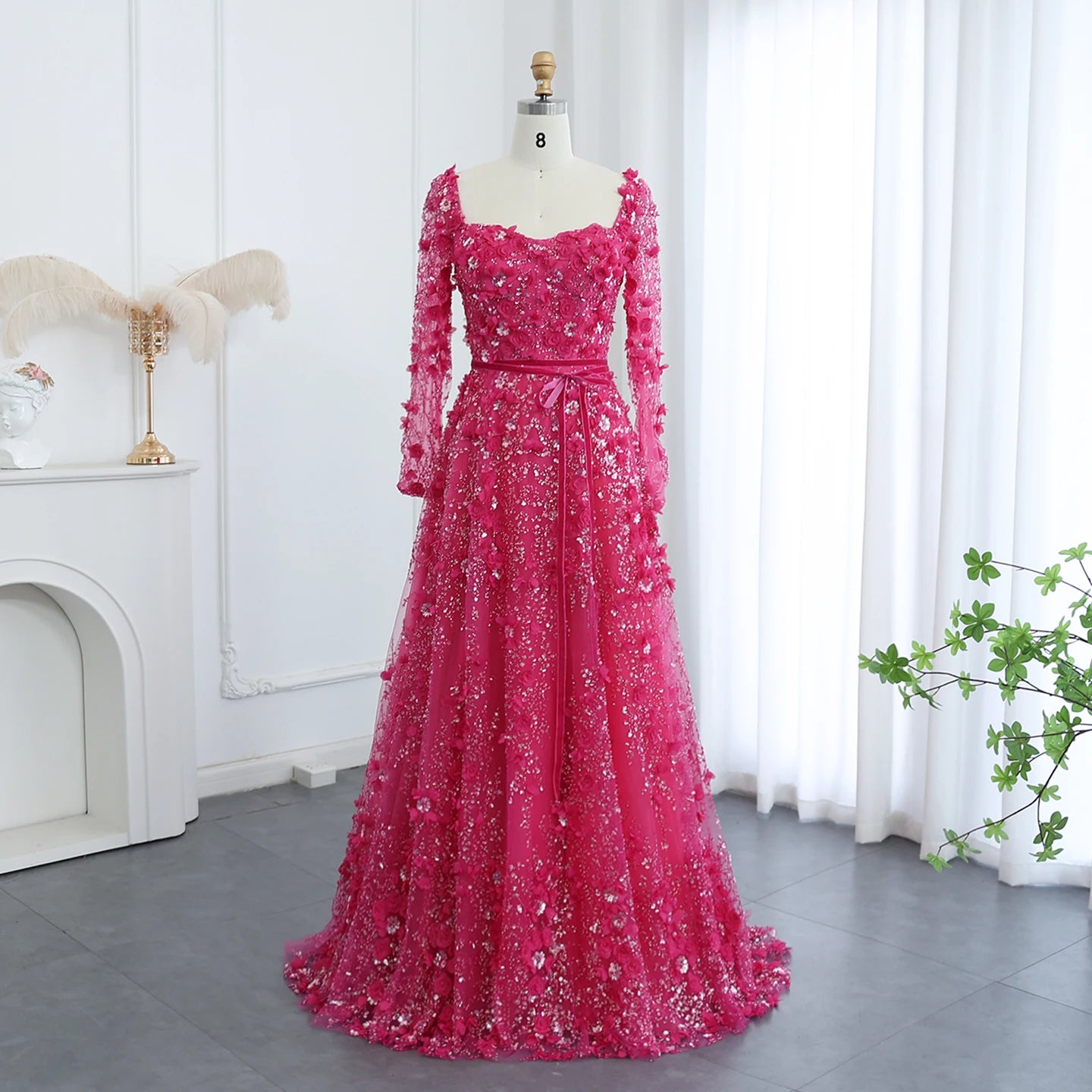 Luxury 3D Flower Gray Long Sleeves Evening Dresses for Women Wedding Party Elegant A-line Formal Gowns - Image 5
