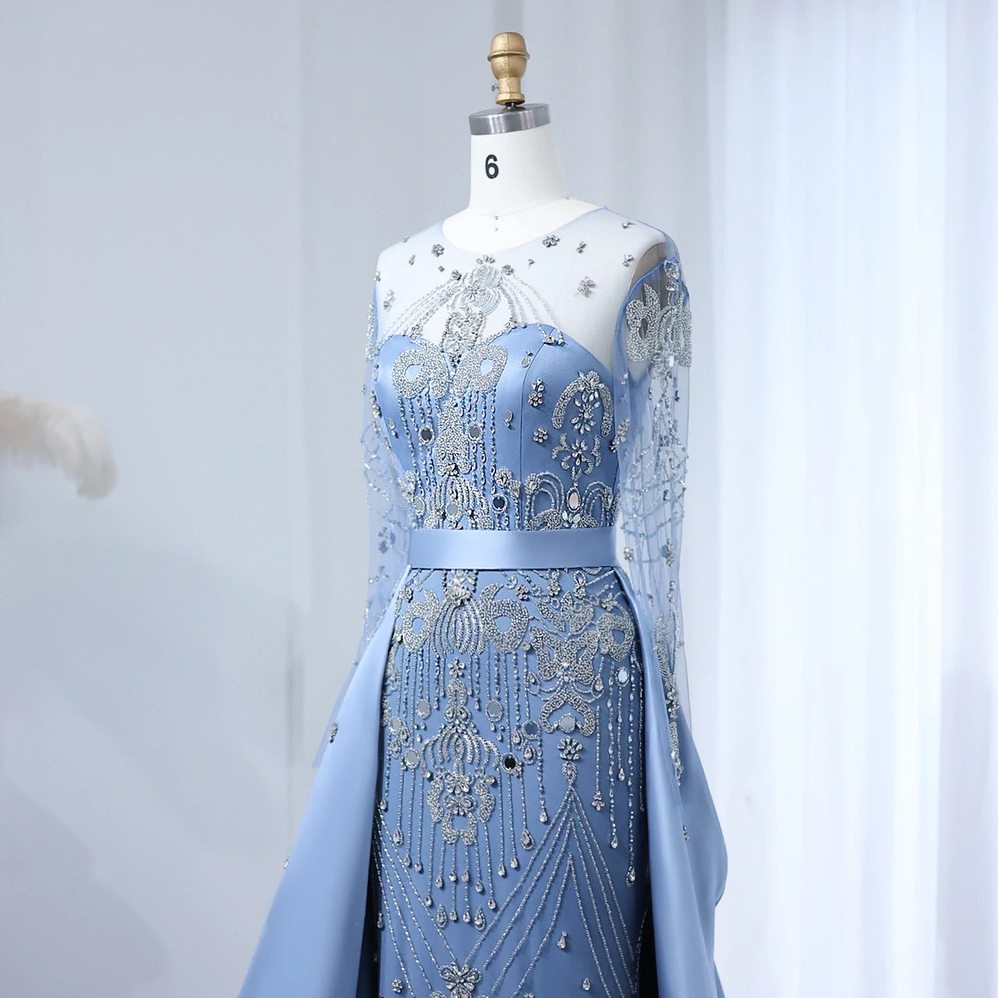 Luxury Beads Blue Long Sleeves Evening Dress with Overskirt Women Party Gowns - Image 3