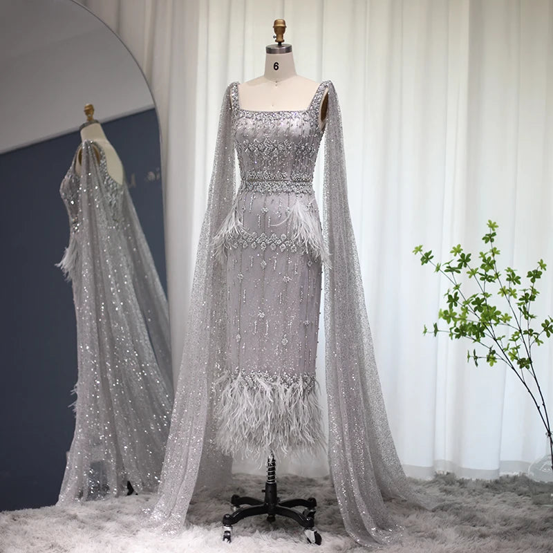 Mermaid Evening Dress with Cape Luxury Feather Formal Dresses for Women Wedding Party - Image 22