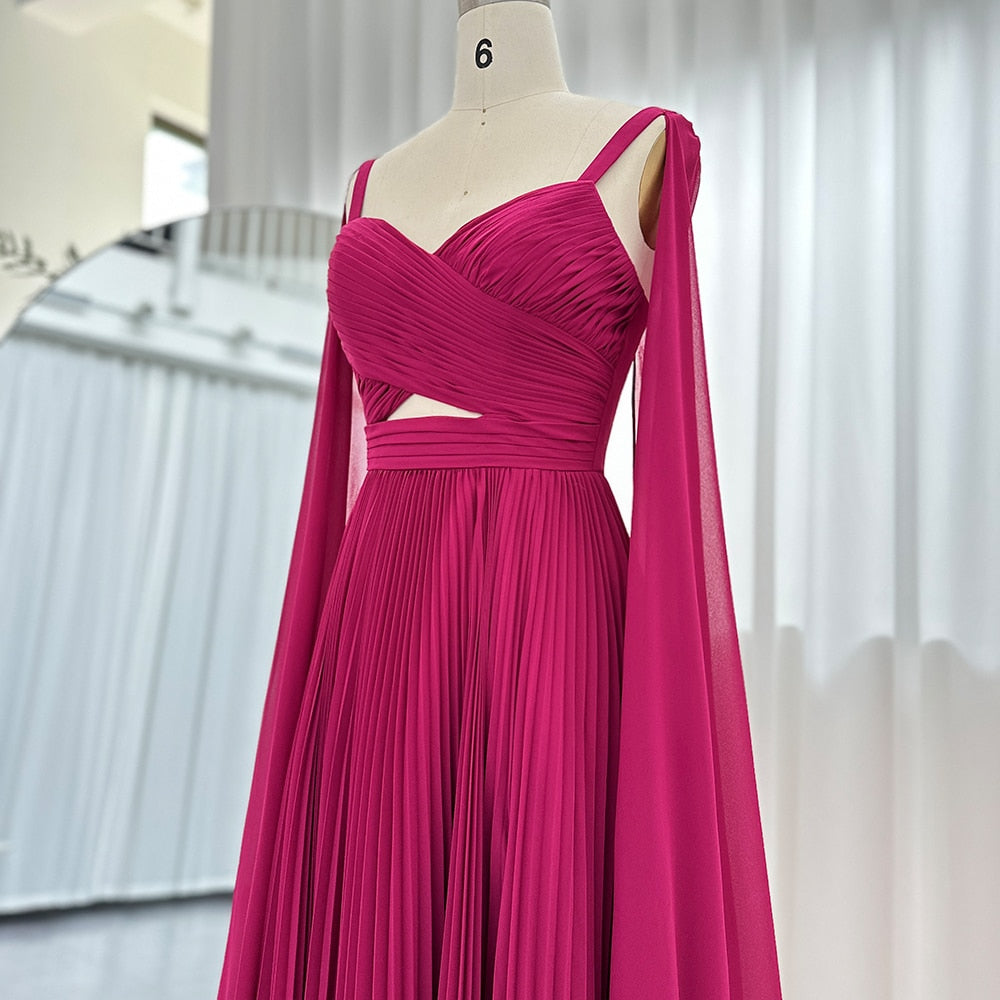 Fuchsia Chiffon Evening Dresses with Cape Sleeves Elegant Yellow Women Wedding Party Formal Gowns - Image 7