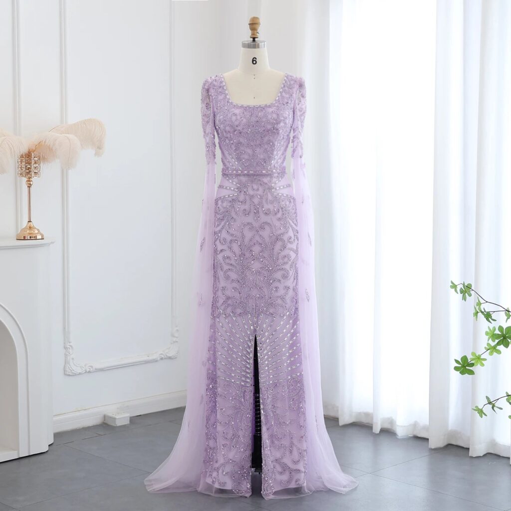 Luxury Arabic Turquoise Evening Dress with Cape Sleeves Elegant Square Neck Wedding Party Gowns