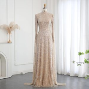Sage Green Muslim Evening Dresses with Cape Sleeves High Neck for Arabic Women Wedding Party