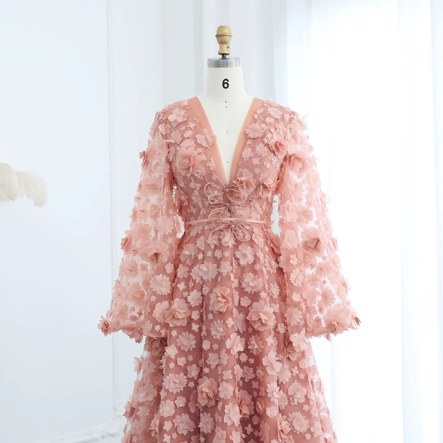 Blush Peach-Pink 3D Flowers Evening Dresses with Bell Long Sleeves V-Neck Wedding Party Birthday Gowns - Image 2