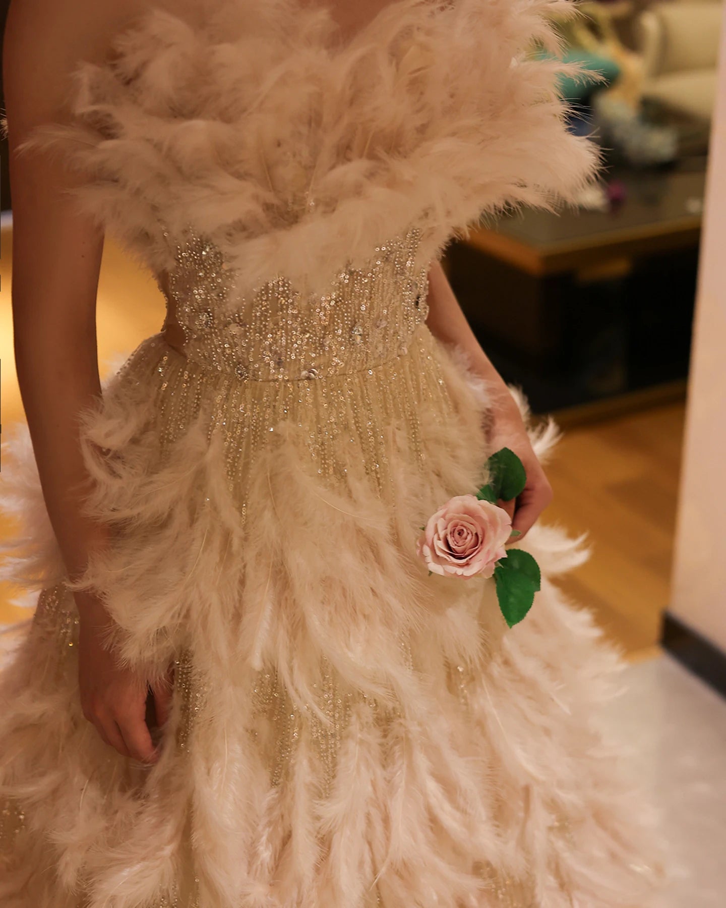 Feathers Princess Crystal Organza Ball Gown Evening Dresses for Women Wedding Engament Party Dress - Image 3