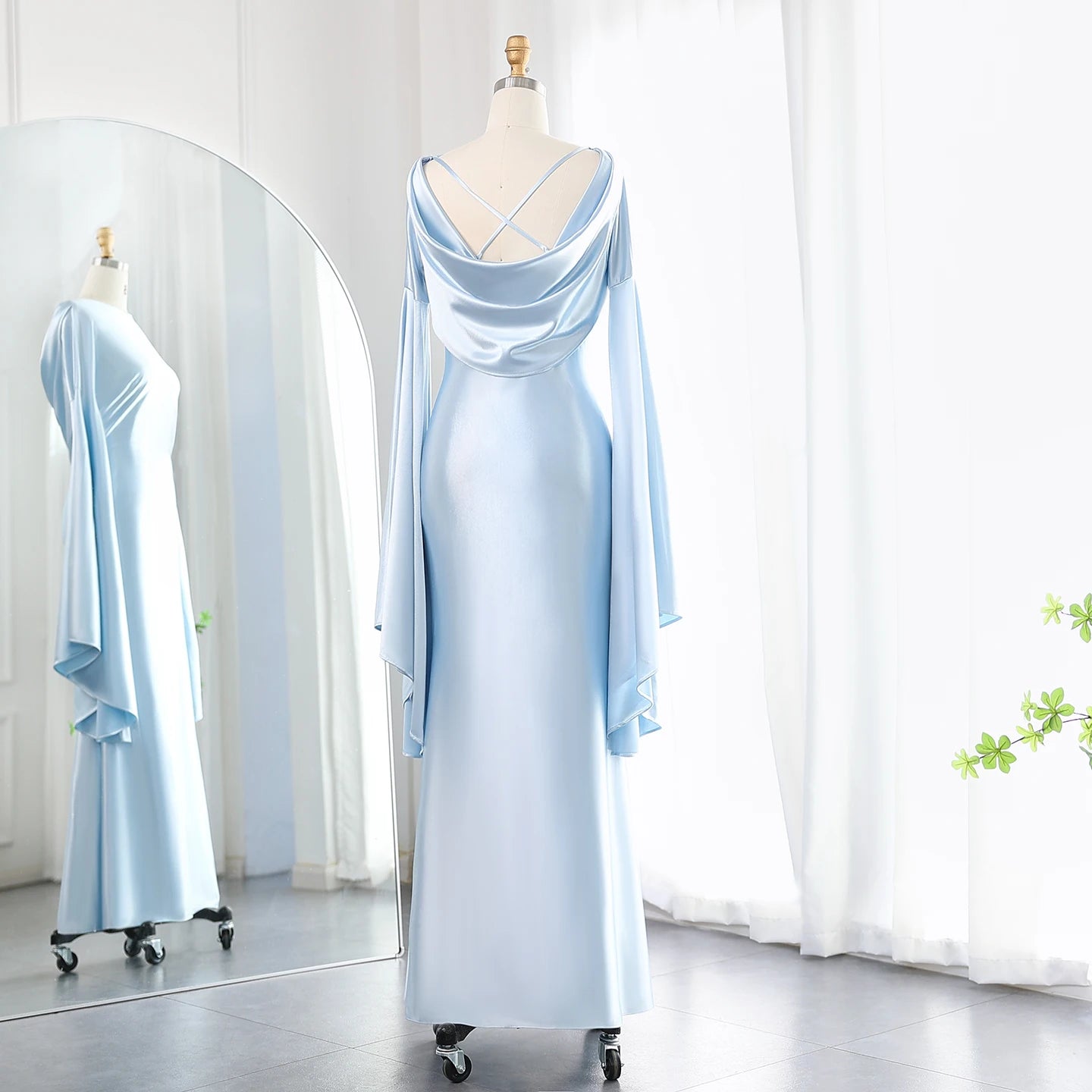 Light Blue Mermaid Evening Dress with Flare Long Sleeves Criss Cross Women Wedding Party Gowns - Image 6