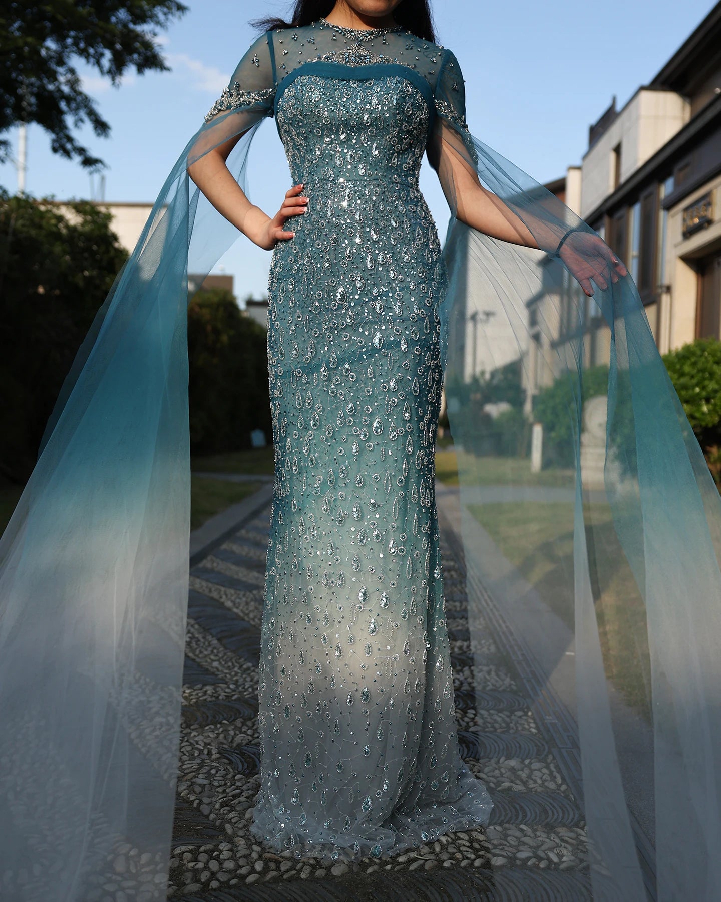 Mermaid Turquoise Crystal Evening Dresses with Cape Sleeves Arabic Women Wedding Party Gowns - Image 8