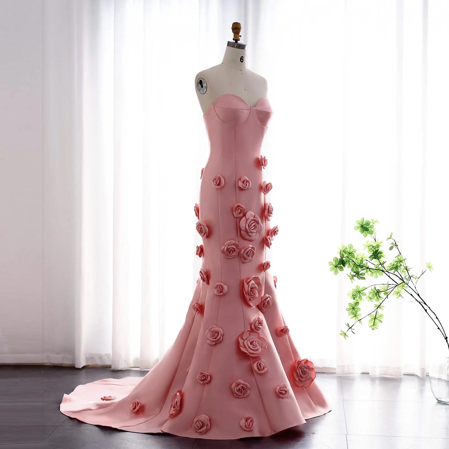 Pink 3D Flowers Sweetheart Mermaid Evening Dress For Women Wedding Long Formal Party Gowns - Image 4