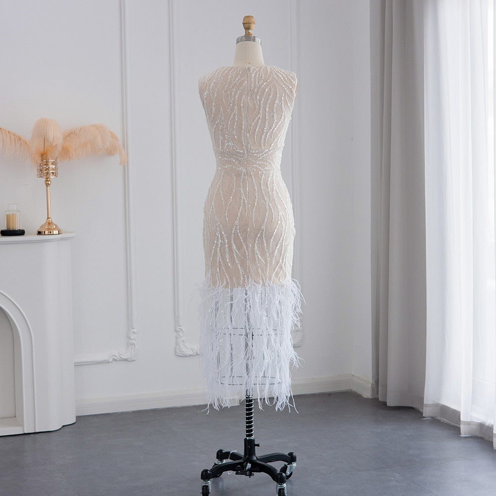 Elegant Lace Midi Evening Dress with Feathers Beading Formal Dresses for Wedding Party - Image 14