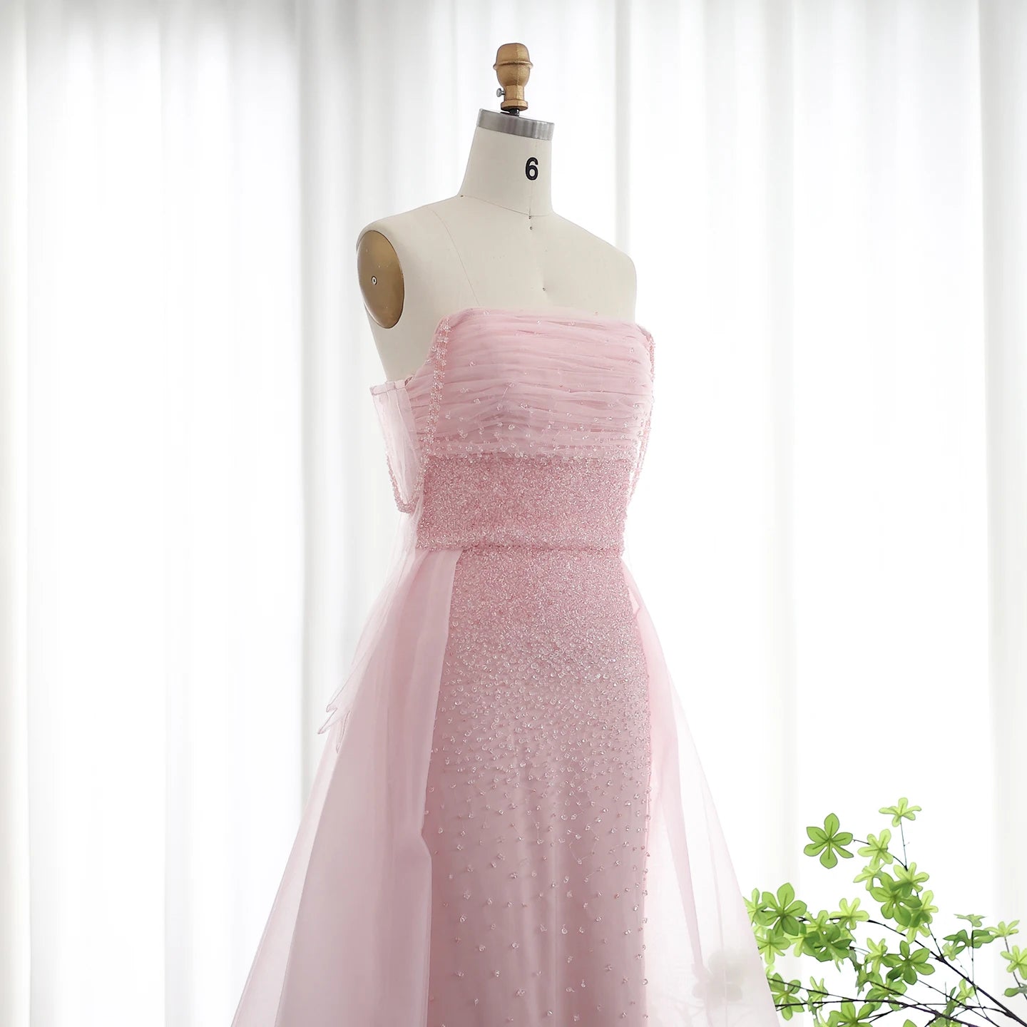 Beads Pink Evening Dress with Overskirt Glove Elegant Women Arabic Formal Party Gown - Image 4