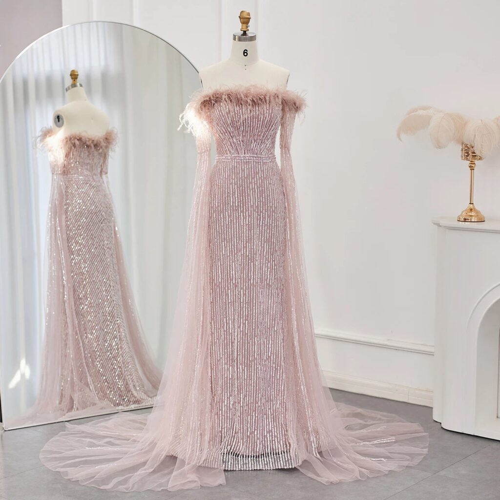 Luxury Feathers Mermaid Sage Green Evening Dresses with Cape Sleeves Pink Yellow Wedding Party Gowns