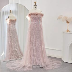 Luxury Feathers Mermaid Sage Green Evening Dresses with Cape Sleeves Pink Yellow Wedding Party Gowns