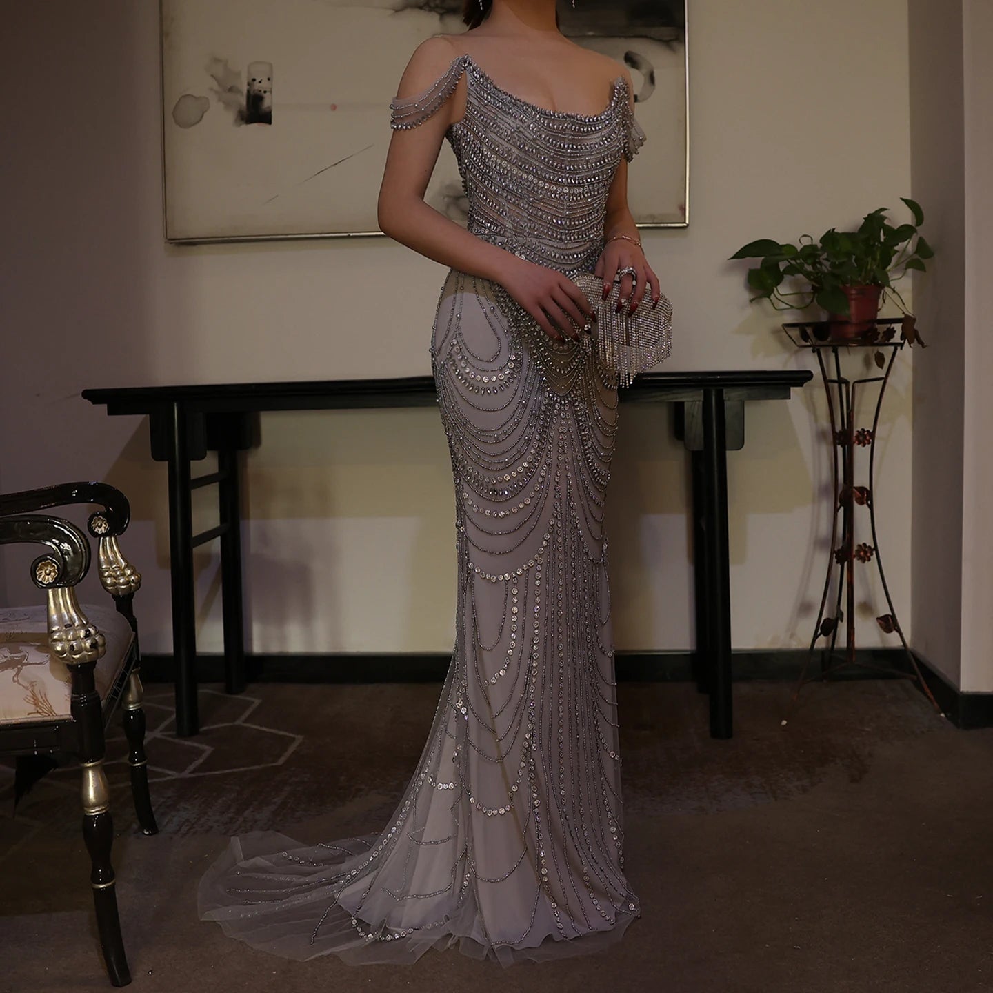 Luxury Crystal Silver Gray Mermaid Evening Dress for Women Wedding Party Long Prom Graduation Gown 2025 - Image 5