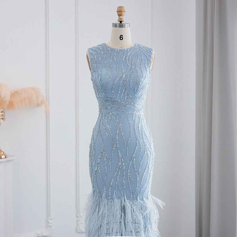 Elegant Lace Midi Evening Dress with Feathers Beading Formal Dresses for Wedding Party - Image 6