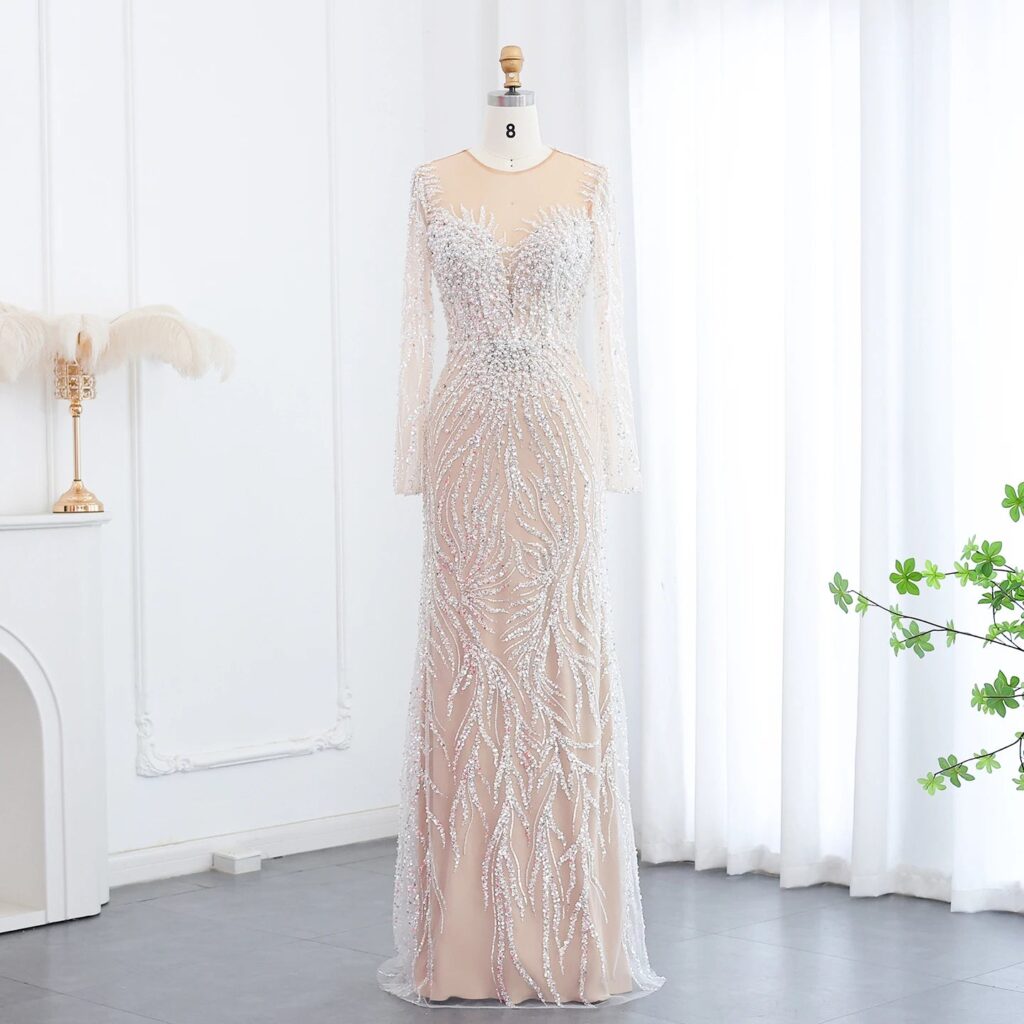 Luxury White Nude Mermaid Evening Dresses for Women Elegant Long Sleeves Women Wedding Party Gowns