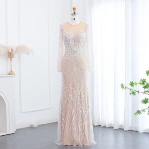 Luxury White Nude Mermaid Evening Dresses for Women Elegant Long Sleeves Women Wedding Party Gowns