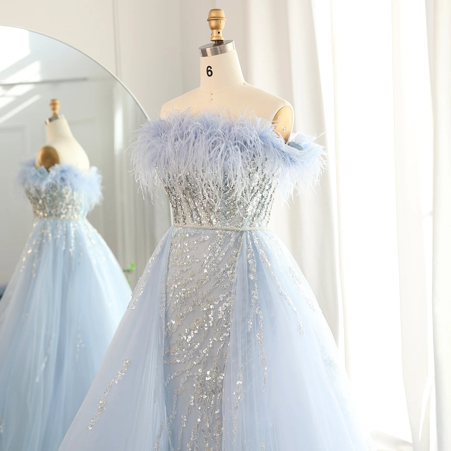 Luxury Feathers Lilac Evening Dress with Overskirt Side Slit Blue Green Women Wedding Party Gowns - Image 6