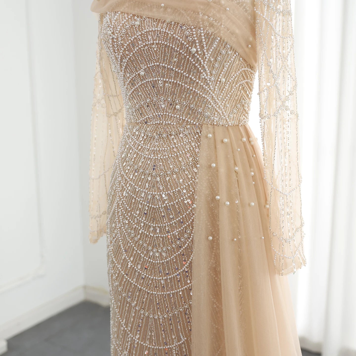 Luxury Beaded Champagne Mermaid Long Sleeves Evening Dress for Women Wedding Formal Party Gowns - Image 5