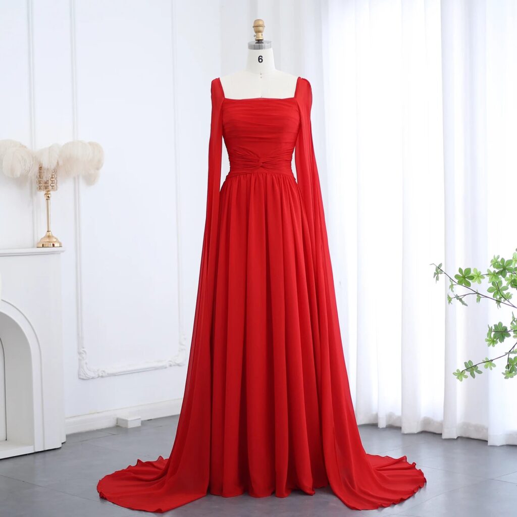 Elegant Red Chiffon Arabic Evening Dresses with Cape Sleeves Square Neckline Wedding Party Gowns