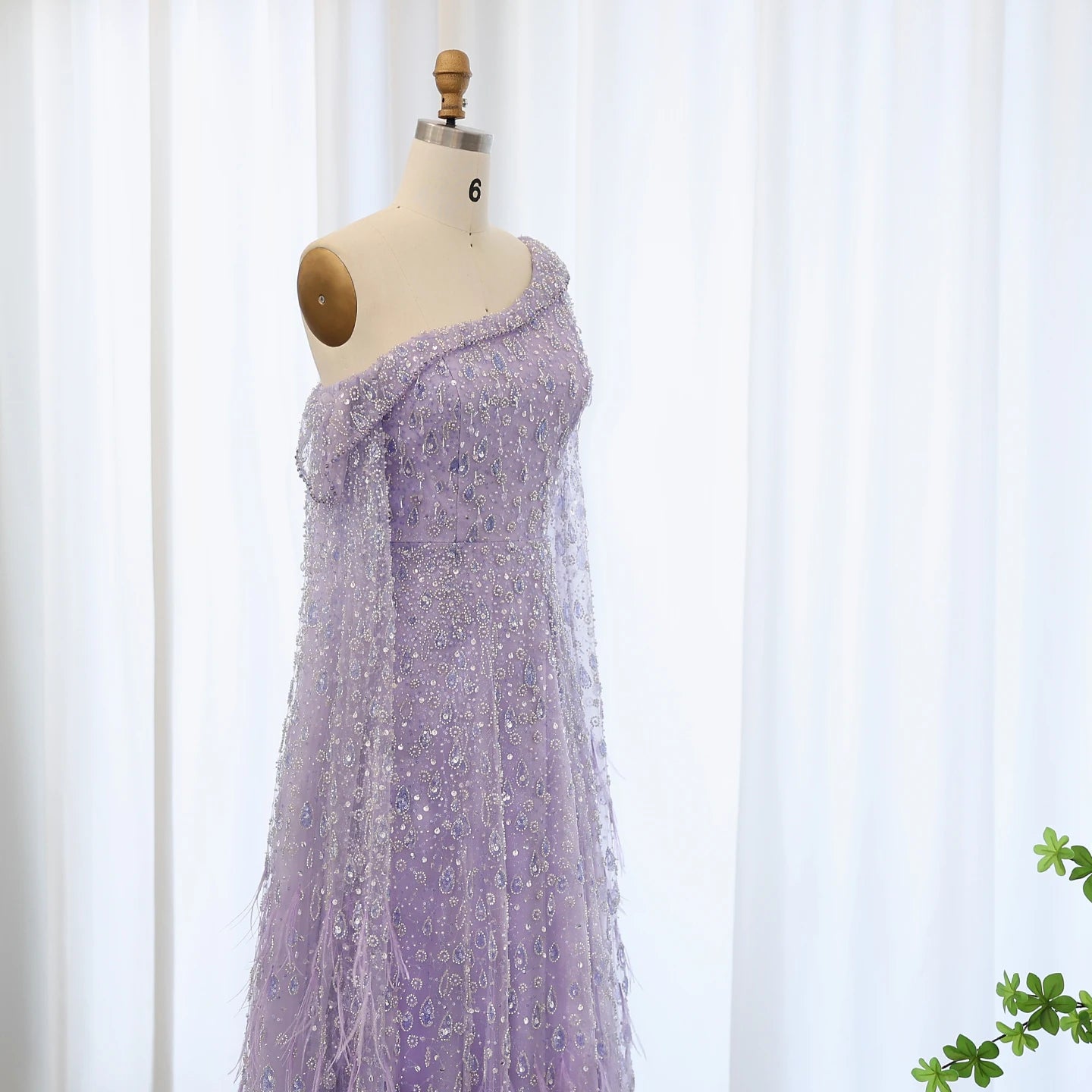 Luxury Feather One Shoulder Evening Dresses with Cape Sleeves Rose Gold Lilac Women Wedding Party Gowns - Image 22