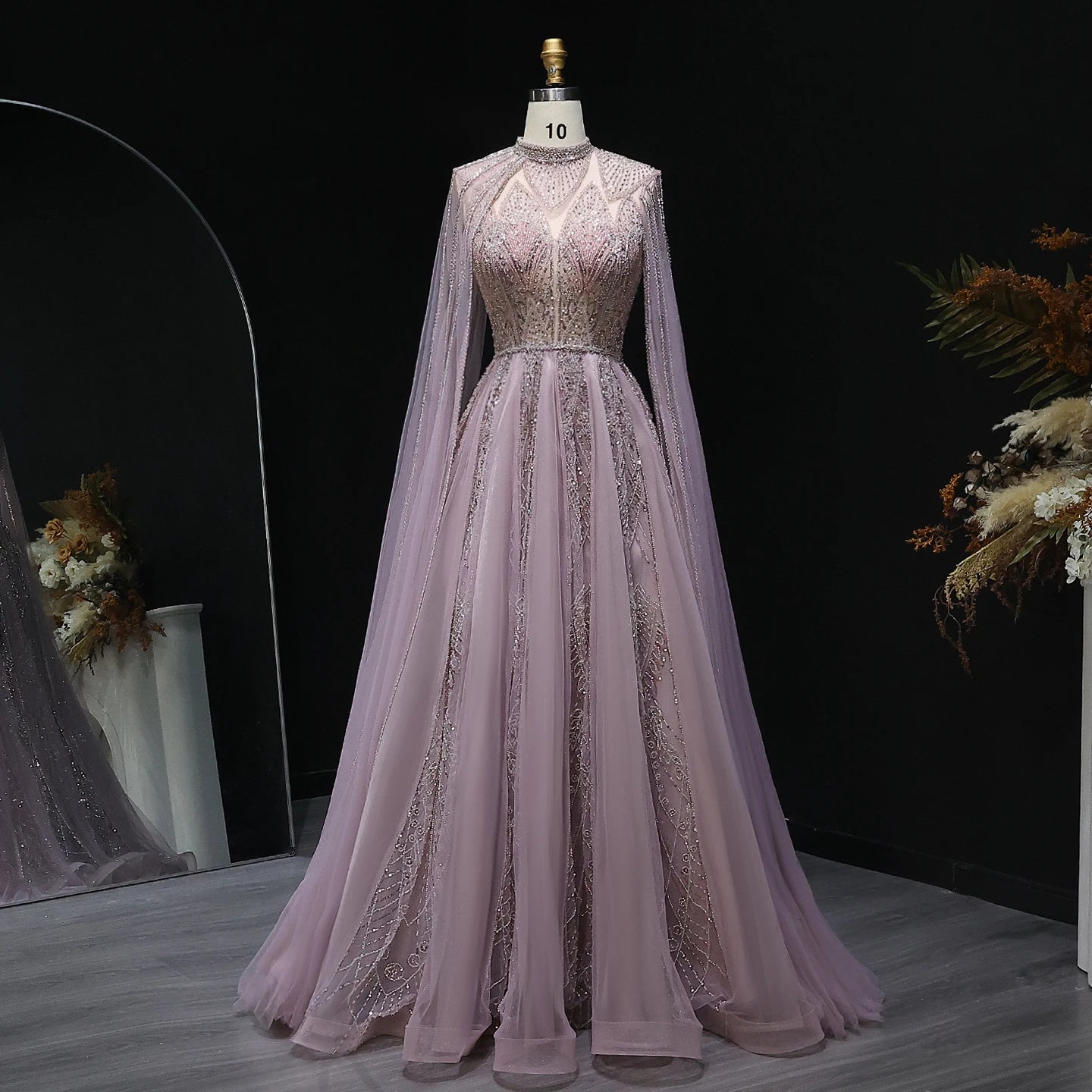 Luxury Pink Evening Dress with Cape Sleeves Brown Women Wedding Party Gowns