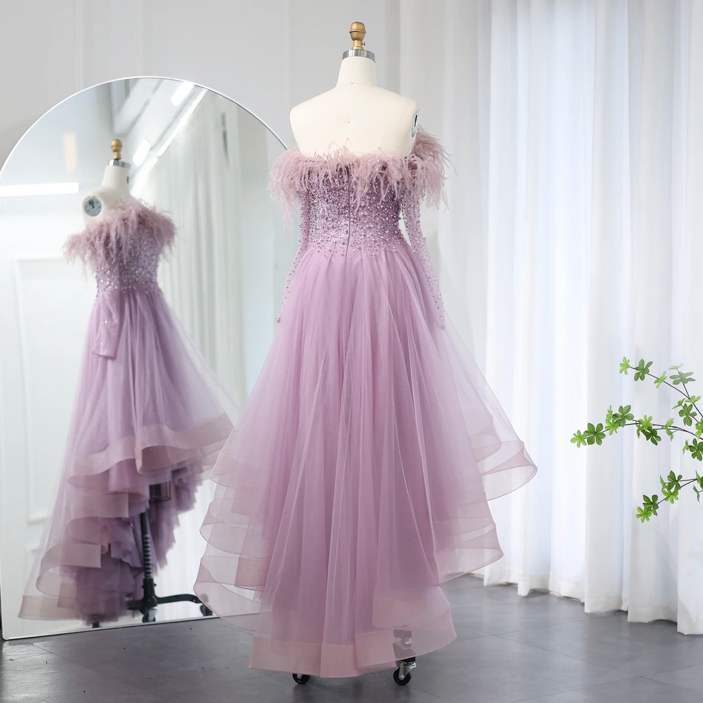 Luxury Feathers Purple High Low Evening Dresses Elegant Off Shoulder Arab Women Wedding Party Prom Dress - Image 7