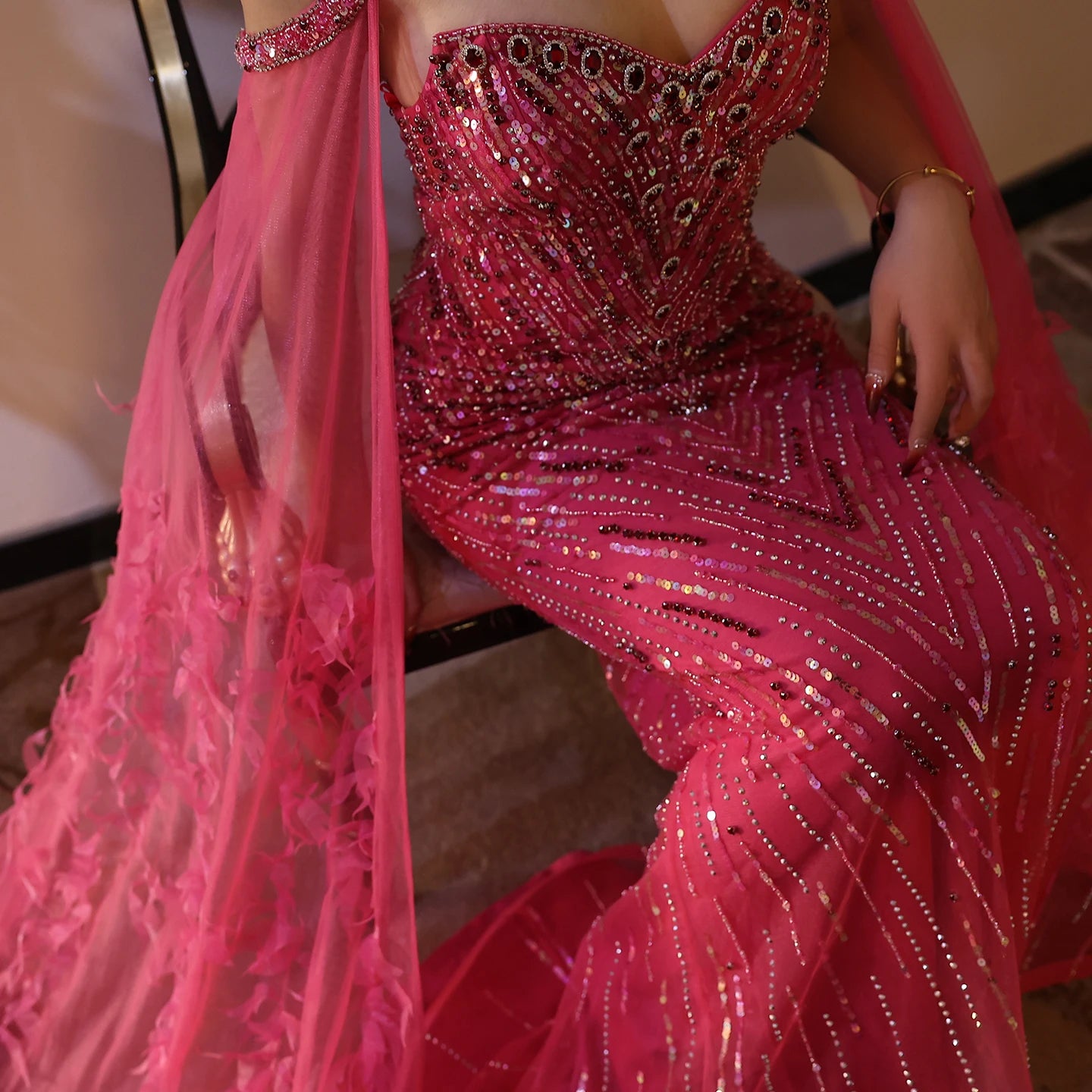 Fuchsia Mermaid Evening Dresses with Cape Sleeves Luxury Turquoise Women Wedding Party Dress - Image 9