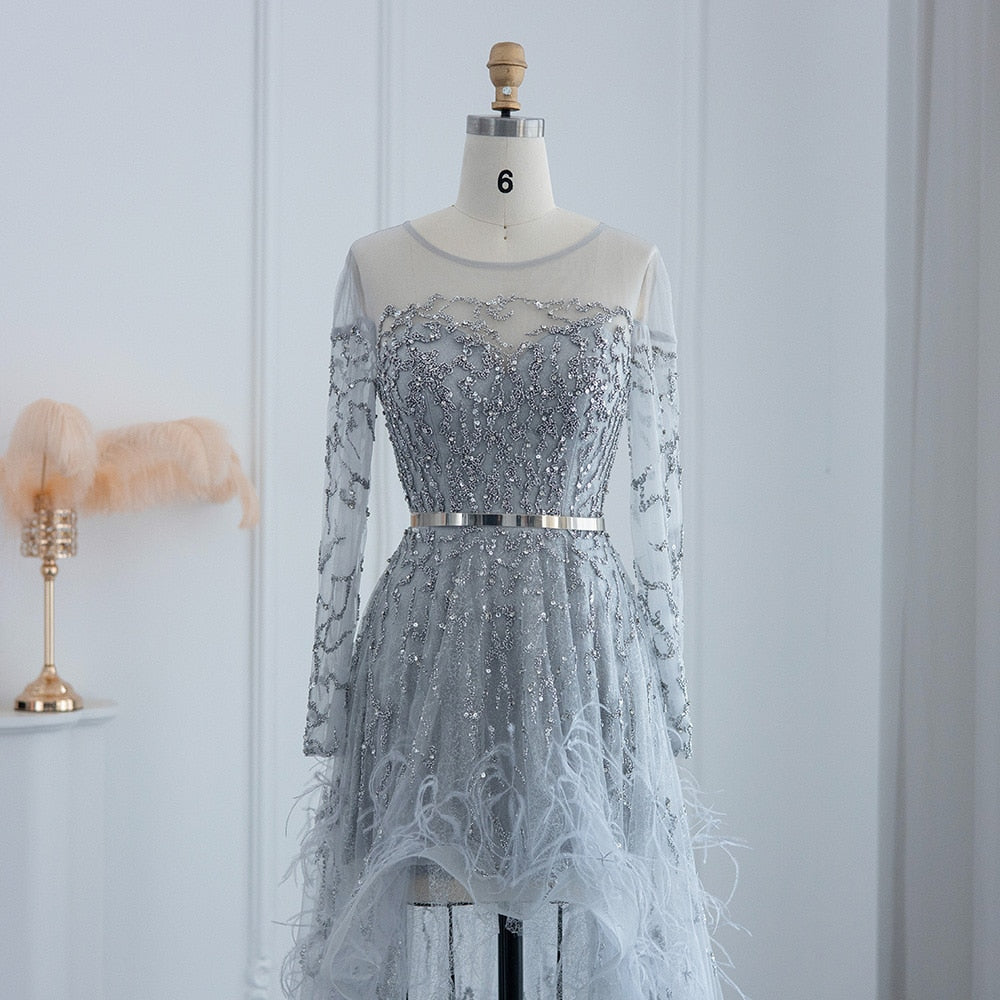 Luxury Feathers High Low Evening Dresses for Wedding Party Short Front Long Back Homecoming Dress - Image 10