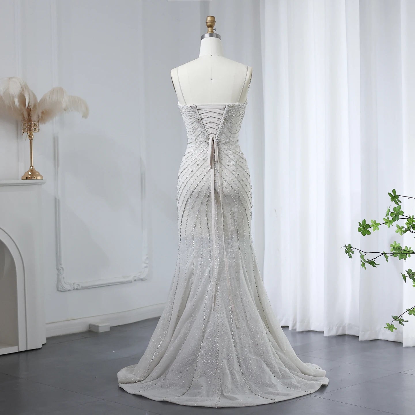 Crystal Luxury Mermaid White Wedding Dresses for Women Spaghetti Straps Front Slit Bridal Gowns - Image 5