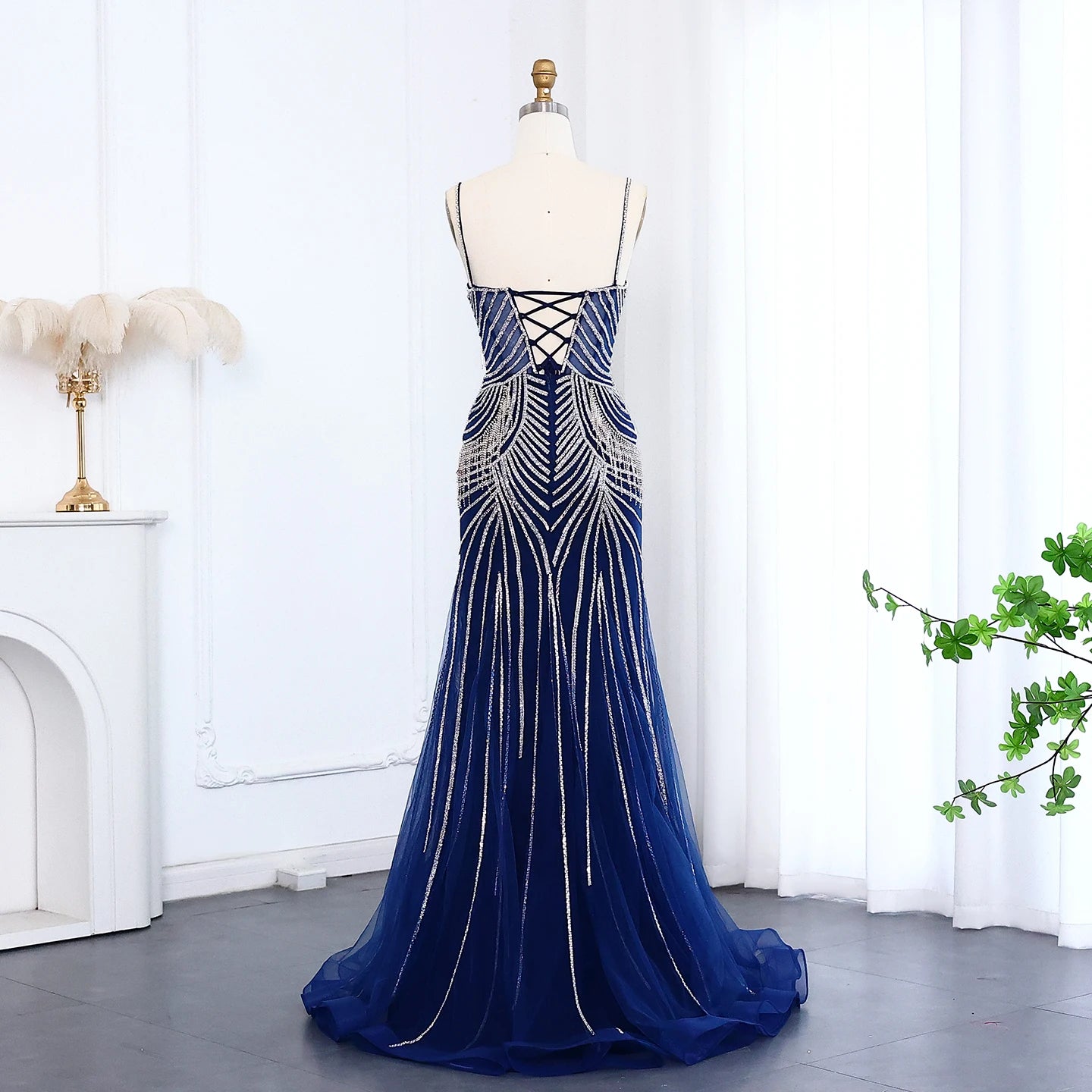 Luxury Crystal Tassel Mermaid Evening Dress with Spaghetti Straps Nude Pink Long Prom Party Gowns - Image 19