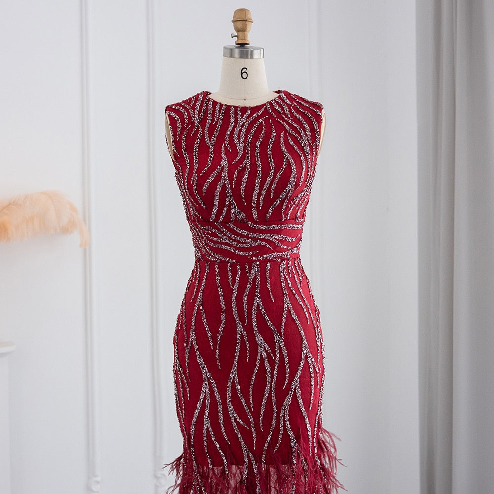 Elegant Lace Midi Evening Dress with Feathers Beading Formal Dresses for Wedding Party - Image 16
