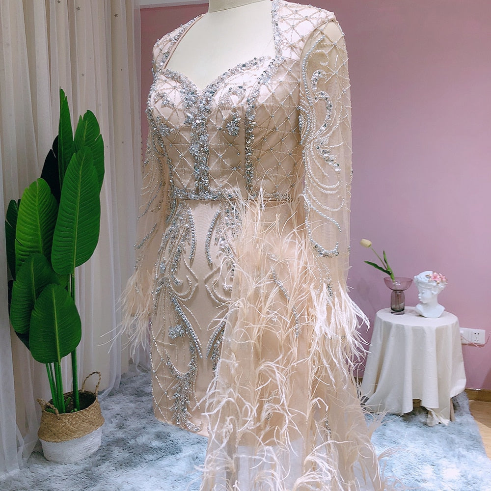 Luxury Coral Short Evening Dresses with Feathers OverSkirt Mini Cocktail Party Dress - Image 12