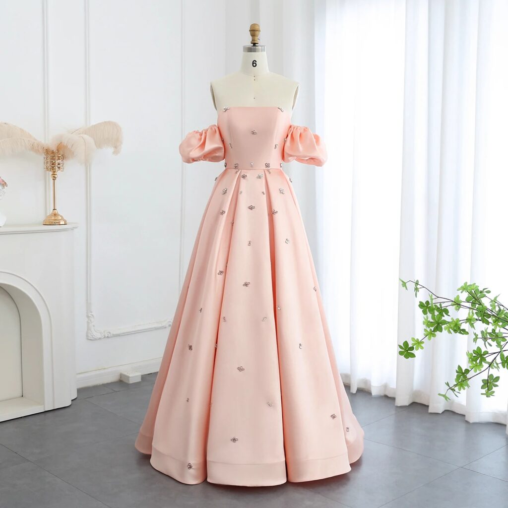 Women Blush Pink Satin Evening Dresses with Cap Sleeves Crystal Wedding Party Gowns