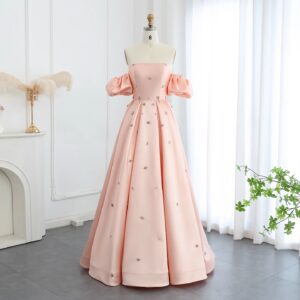 Women Blush Pink Satin Evening Dresses with Cap Sleeves Crystal Wedding Party Gowns